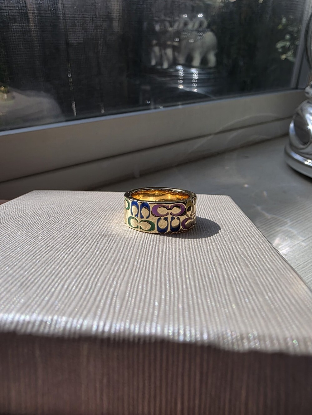 Coach Gold Ring with Green, Blue & Lavender Enamel C Motif Size 7 - Picture 3 of 6